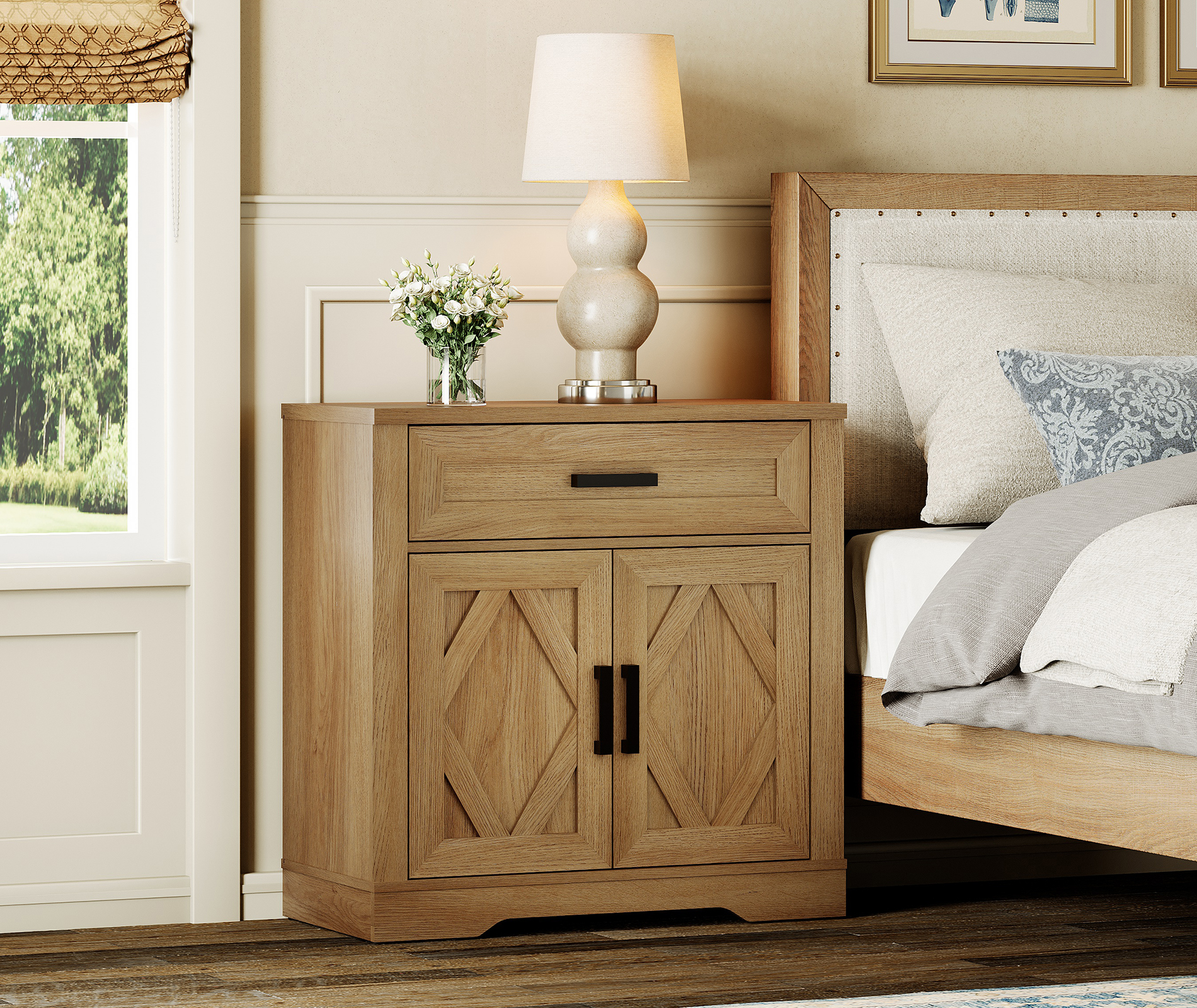 WAMPAT 31.5"W Farmhouse Buffet Sideboard with Barn Doors, Drawer & Storage, Light Oak