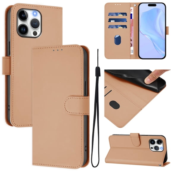Compatible with iPhone 15 Pro Wallet Case with RFID Blocking Credit Card Holder, PU Leather Folio Flip Kickstand Protective Shockproof Anti-fall Phone Case Cover Women Men,Nude
