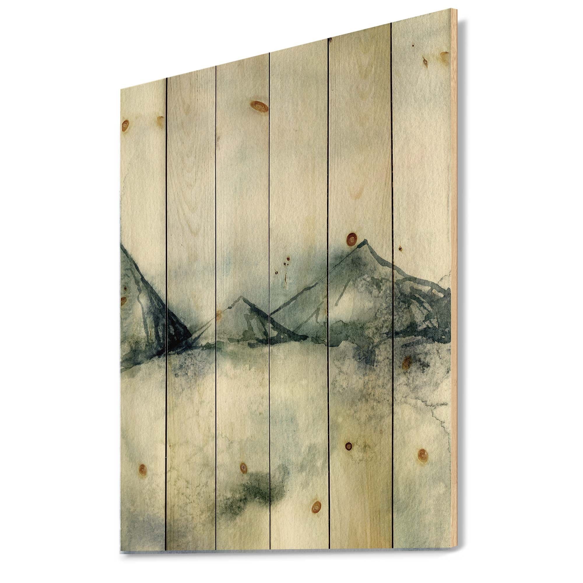 Designart 'Dark Blue Mountain Landscape Winter Minimalistic' Modern Print on Natural Pine Wood