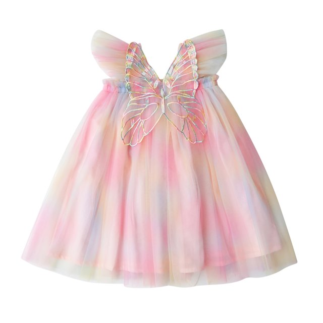 Vestido de niña de malla con alas de arcoíris y mangas voladoras, vestido de princesa para bebé de verano, falda con entretela