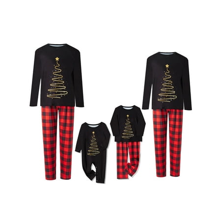 

Christmas Family Matching Pajamas Santa Tree Print Tops + Plaid Pants Xmas Holiday Sleepwear Loungewear Couples Jammies Outfit