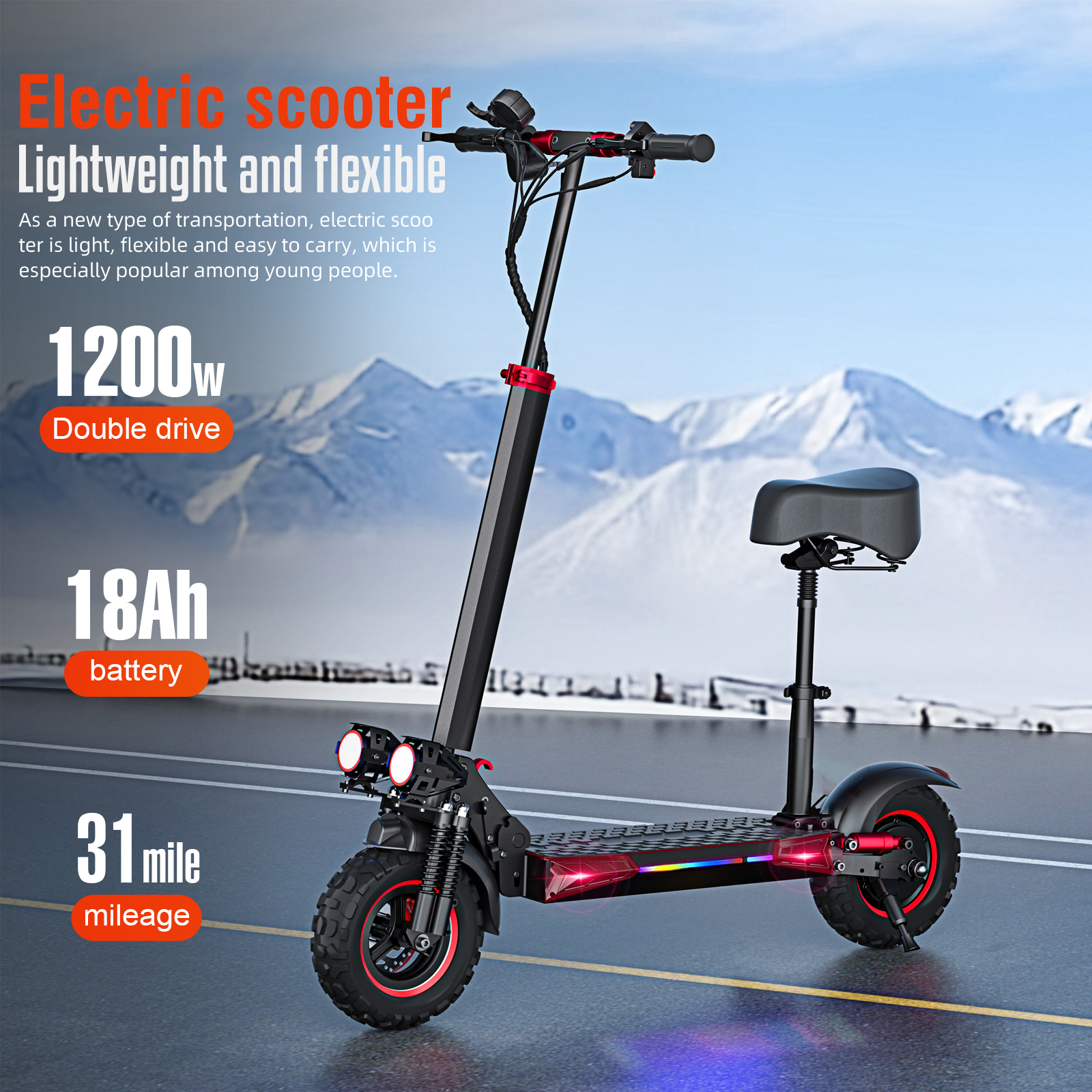 J11 Max 1200W Motor Electric Scooter Adults with Seat, 35 MPH Max Speed & 48V 18AH Big Battery Up to 33 Miles Range, 11" All-Terrain Tires and Dual Suspension, Off Road E-Scooter