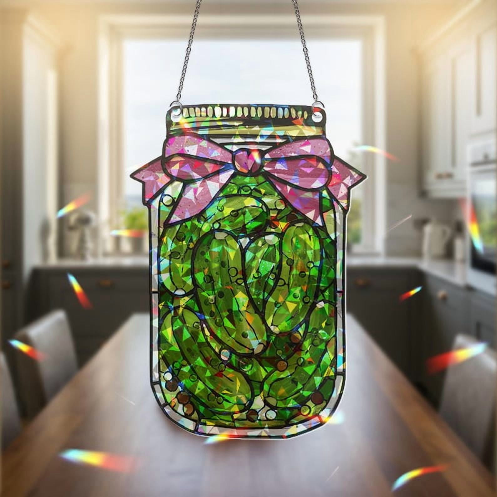 ViciArt Pickle Jar Suncatcher – 4" Holographic Acrylic Kitchen Window Hanging, Cute Pantry Decor
