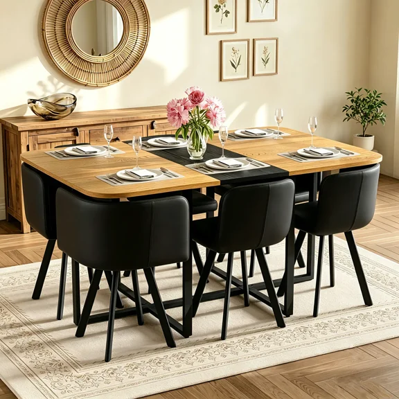 Aukfa 7 Piece Dining Set with 6 PU Leather Chairs,Rectangular 59" Two-Tone Wood Grain Kitchen Table,Metal Frame,Black