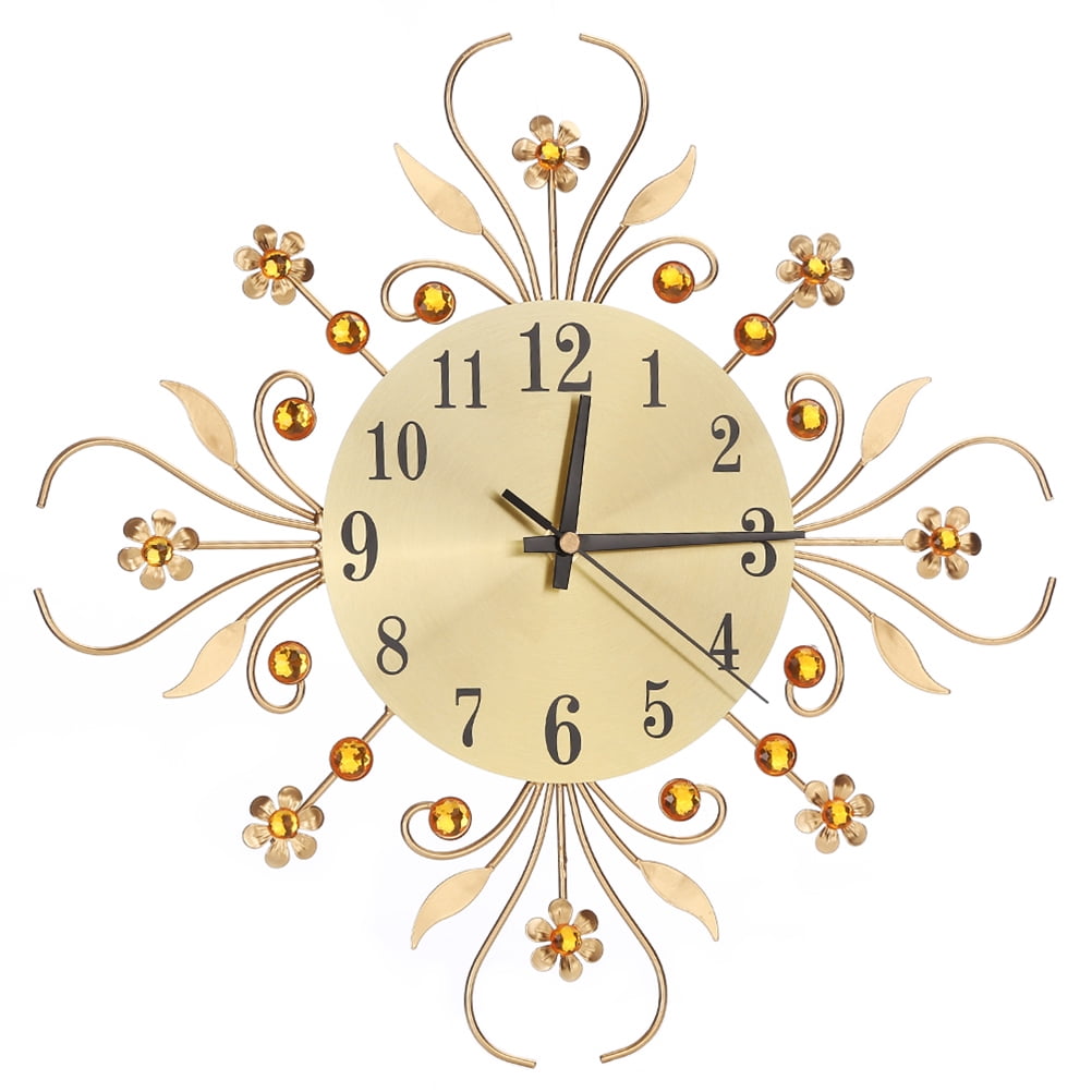 Modern Metal Diamonds Flower Silent Wall Clock 3D Wall Art Office House Living Room Decoration (Gold)