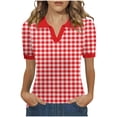 thumbnail image 3 of Fengqque Womens Summer Tops Short Sleeve Shirts Check V Neck Tunic Tops Waist-cinching Work Blouses Red-C XL(XL), 3 of 5