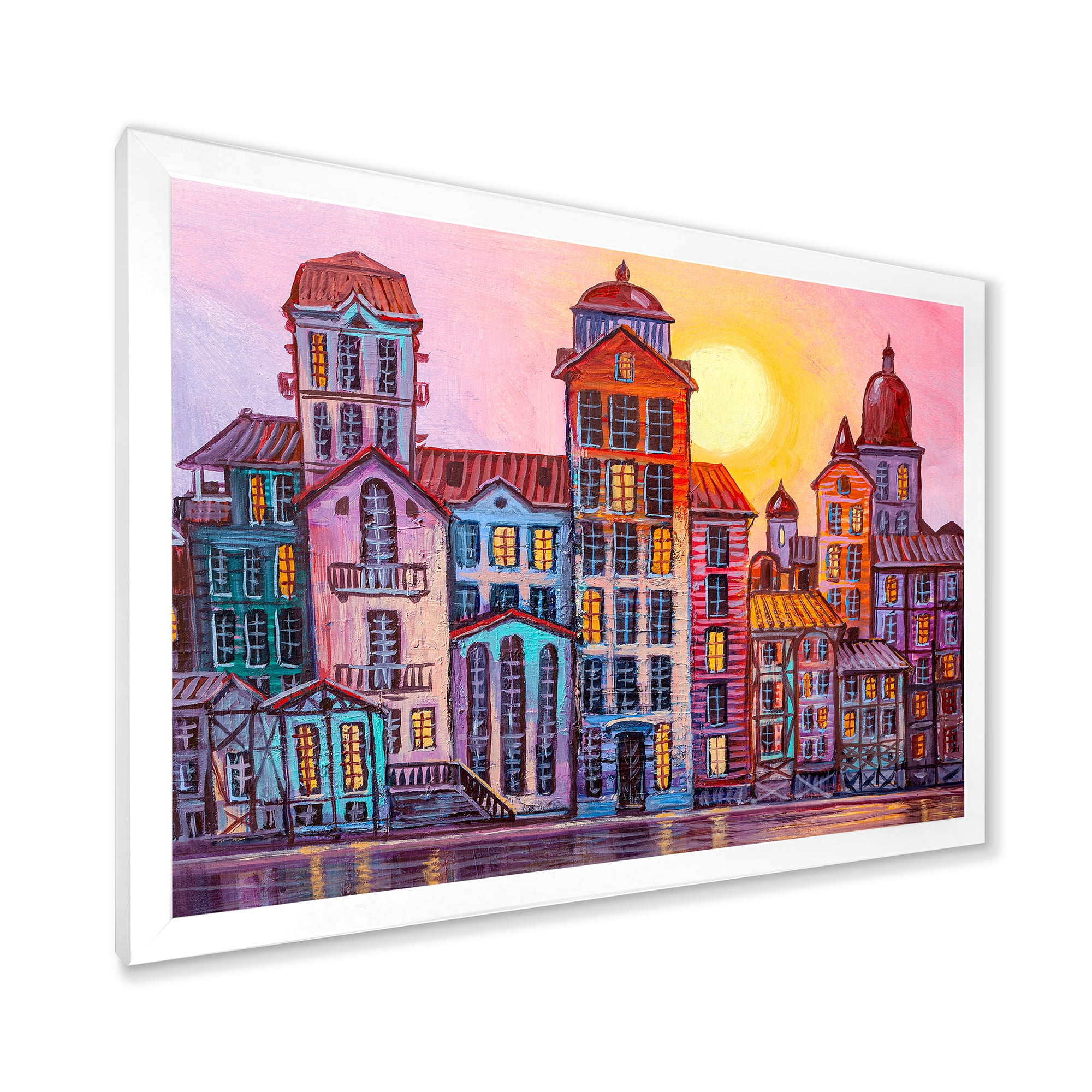 Designart 'Afternoon Street Scene In Old Town With Colorful Buildings' Mid-Century Modern Framed Art Print