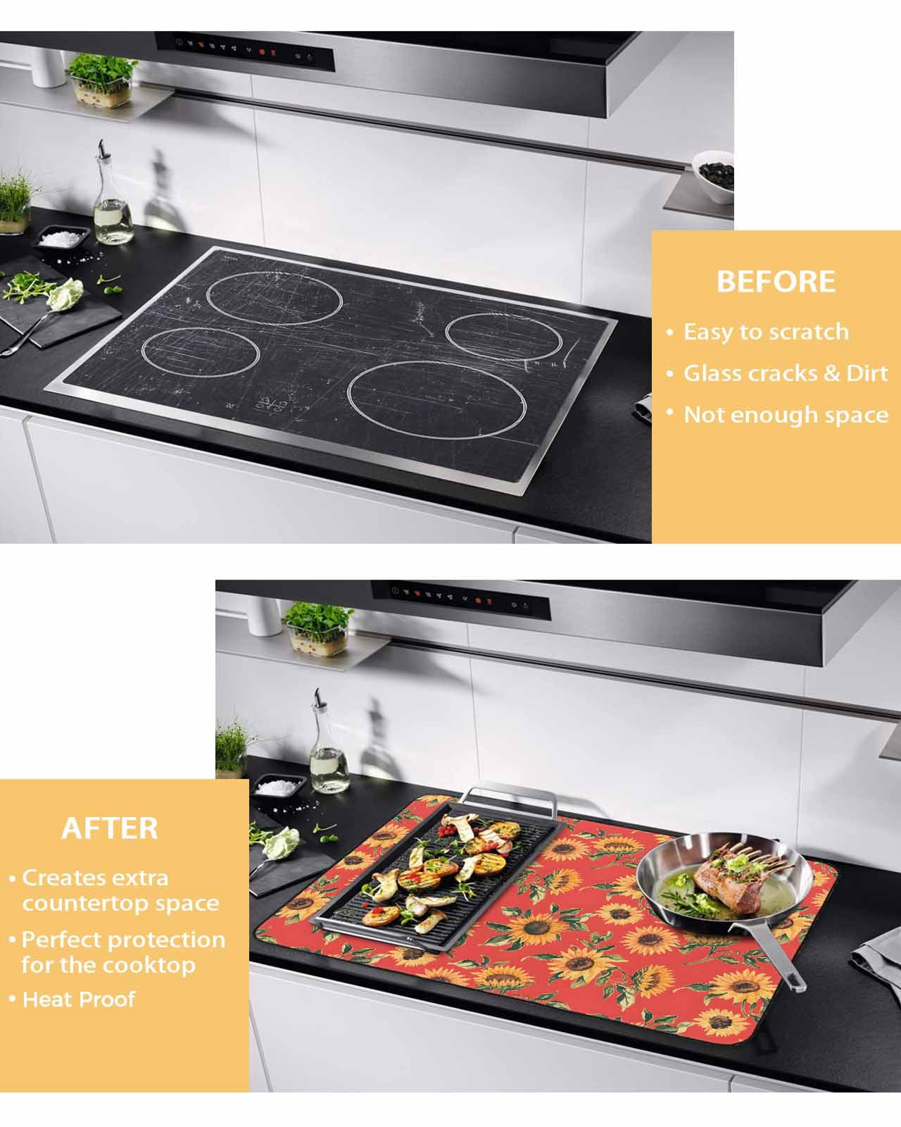 nqOlkjepod Large Induction Cooktop Protector Mat 24"x21", Yellow Sunflower Stove Top Covers for Electric Stove, Vintage Floral Garden Pastoral Botanical Stove Burner Cover Mats Stove Cover