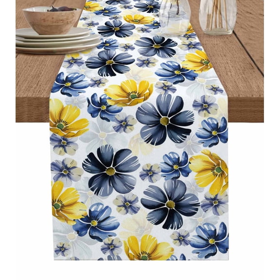 ERUNPONLY Blue Yellow Flower Table Runner - 108 Inch Long Retro Country French Daisy Floral Cotton and Linen Blended Dress Scarves Farmhouse Table Runner for Kitchen Dining, Coffee Table, 13"x108"