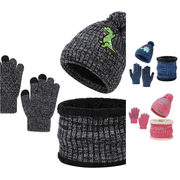 Ticikt Kids 3PCS Cartoon Dinosaur Knit Winter Set, Beanie Neck Gaiter Touch Screen Gloves Warm Kit for Boys Girls Cold Weather,Black