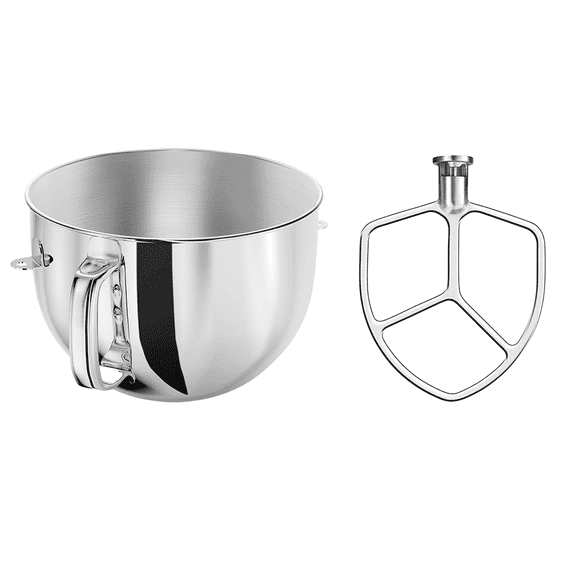 2-Piece 6QT Stainless Steel Bowl   Flat Beater for KitchenAid 6qt Bowl-Lift Mixers, Fits Professional 600, Pro 5 Plus & K5/KG25/KV25/KP26/KT26, Heavy Duty