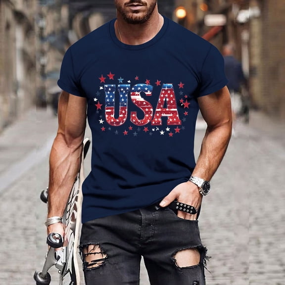 Goodtrade8 Fourth of July Tshirts for men Red White and Blue Short Sleeve Pullover Patriotic Summer Independence Day Crew Neck American Flag Mens Tops Outdoor
