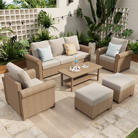 Sophia & William 6 Pieces Wicker Patio Furniture Set 7-Seat Outdoor Cushioned Conversation Set with Coffe Table, Beige