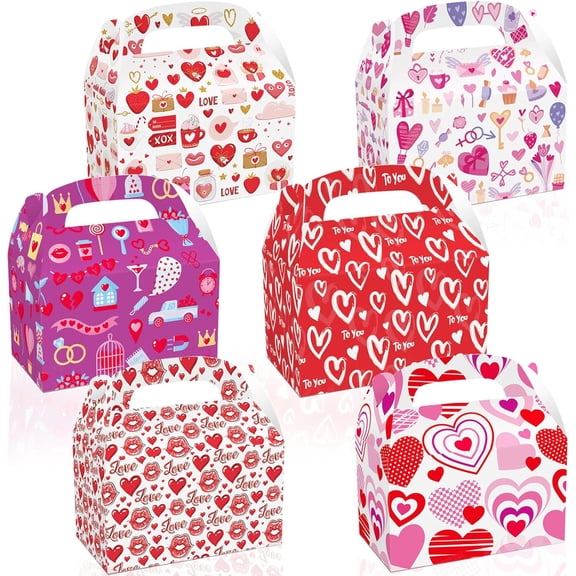 12-Pack Valentine's Day Portable Gift Boxes with Heart Designs, 6.3x3.8x3.8 Inches, for Cupcakes, Cookies, Perfect for Romantic Love Party Favors, Wedding Bridal Shower Decorations