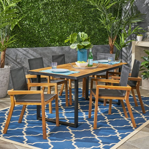 GDF Studio Balfour Outdoor Mesh and Acacia Wood 7 Piece Dining Set, Teak and Black