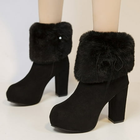 

Women Shoes Winter Warm Fashion High Heel Round Toe Casual Solid Color Suede Platform Plush Snow Ankle Boots