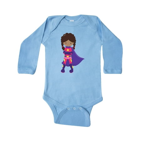 

Inktastic African American Girl Superhero Girl Purple Cape Gift Baby Girl Long Sleeve Bodysuit