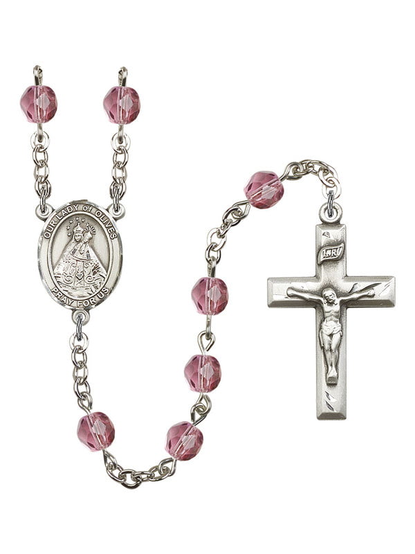 Silver Finish Our Lady of Olives Rosary with 6mm Amethyst Color Fire Polished Beads Our Lady of Olives Center Gift Boxed and 1 5/8 x 1 inch Crucifix