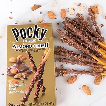 Pocky Almond Crush Chocolate Biscuit Sticks, Japanese Snack Treat, Crunchy Almond Coated Sticks, 10 Count,( 1.45 oz Each)
