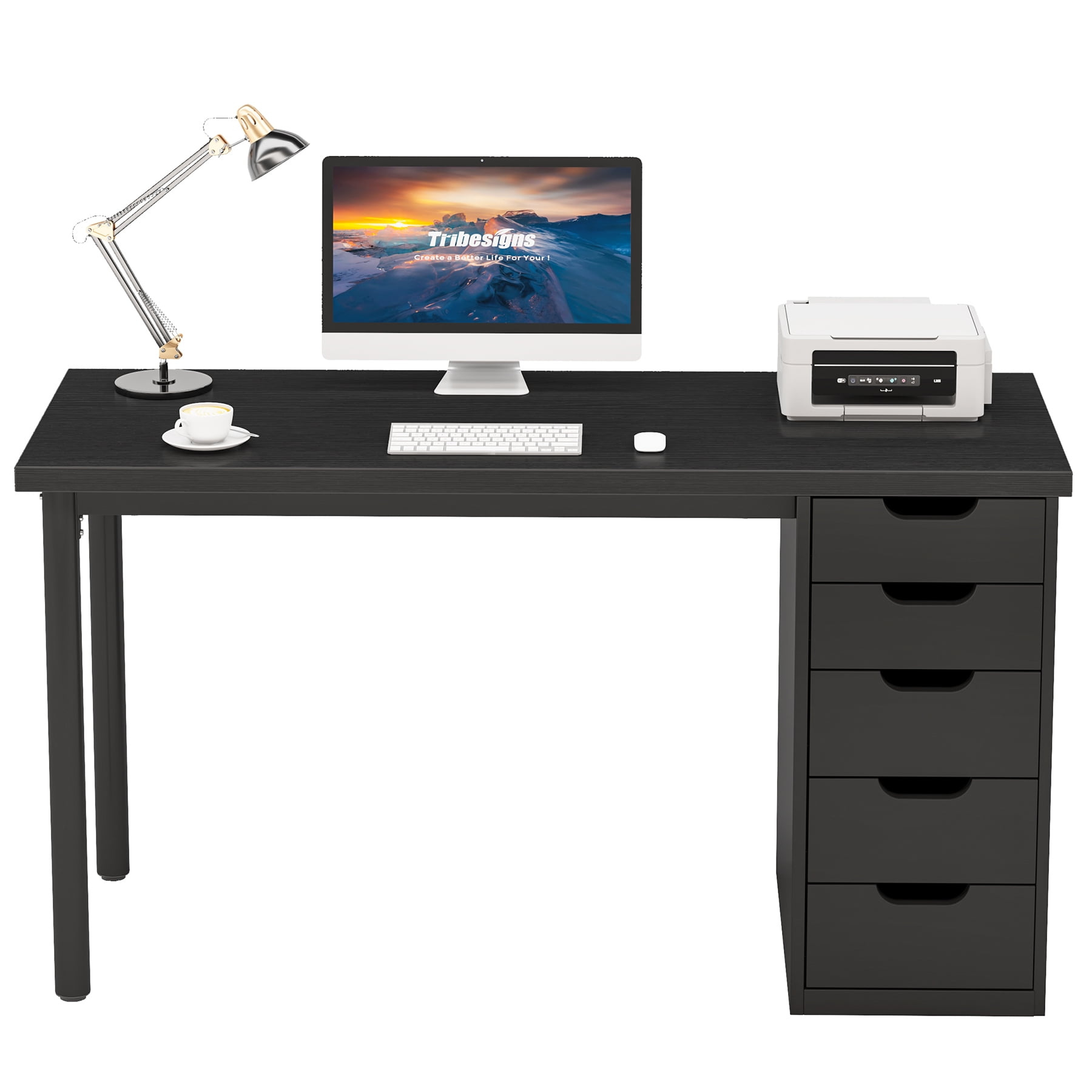 Fnova 47.24" Computer Desk with 5 Drawers, Reversible File Cabinet, Writing Workstation for Home Office Bedroom Study Makeup Vanity Desk Furniture