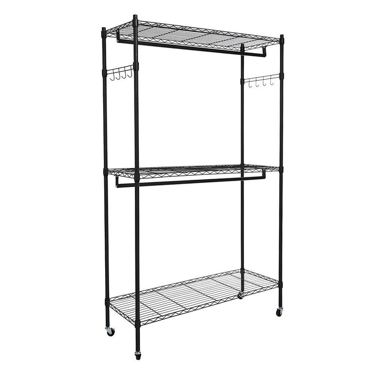 Hoctieon Heavy Duty Double Rod Clothing Racks for Hanging  Clothes,Extensible Garment Rack With Wheels,Clothes Rack with Wooden Bottom  Shelves