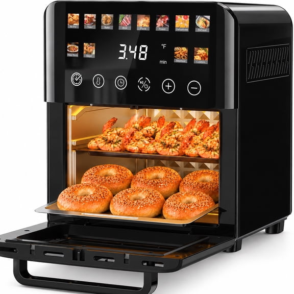 Patbrela 12QT Air Fryer Toaster Oven, 24H Delay Start Timer, 12 Preset Menus, Full-Color Touchscreen, 1500W Broi, Dehydrate, Bagel, Seafood for Home