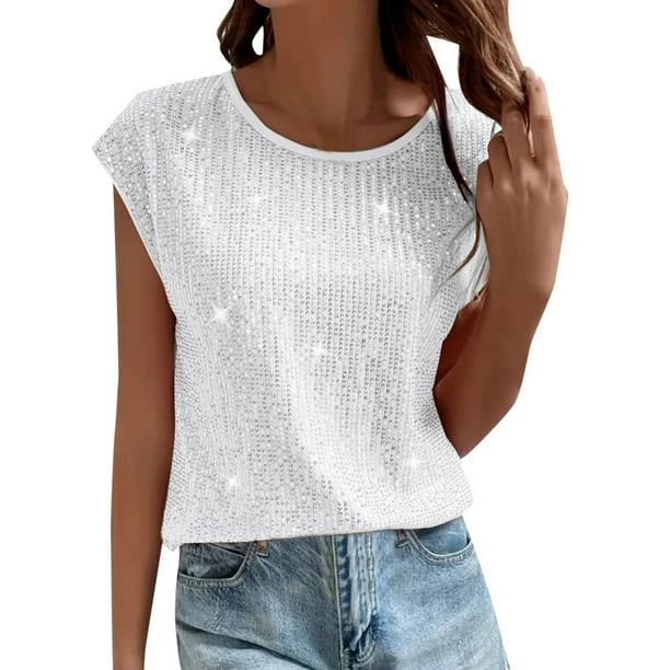 Camiseta sin mangas de cuello redondo con lentejuelas de color liso para mujer: prenda brillante para fiestas, corte holgado