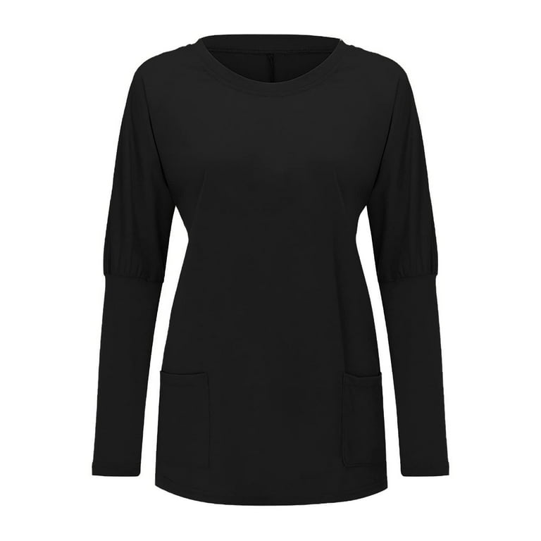 Tunic Tops to Wear with Leggings Dressy Flowy Hide Belly Long Shirt Comfy Long  Sleeve Shirts Round Neck Solid Plus Size Tops for Women Black M 