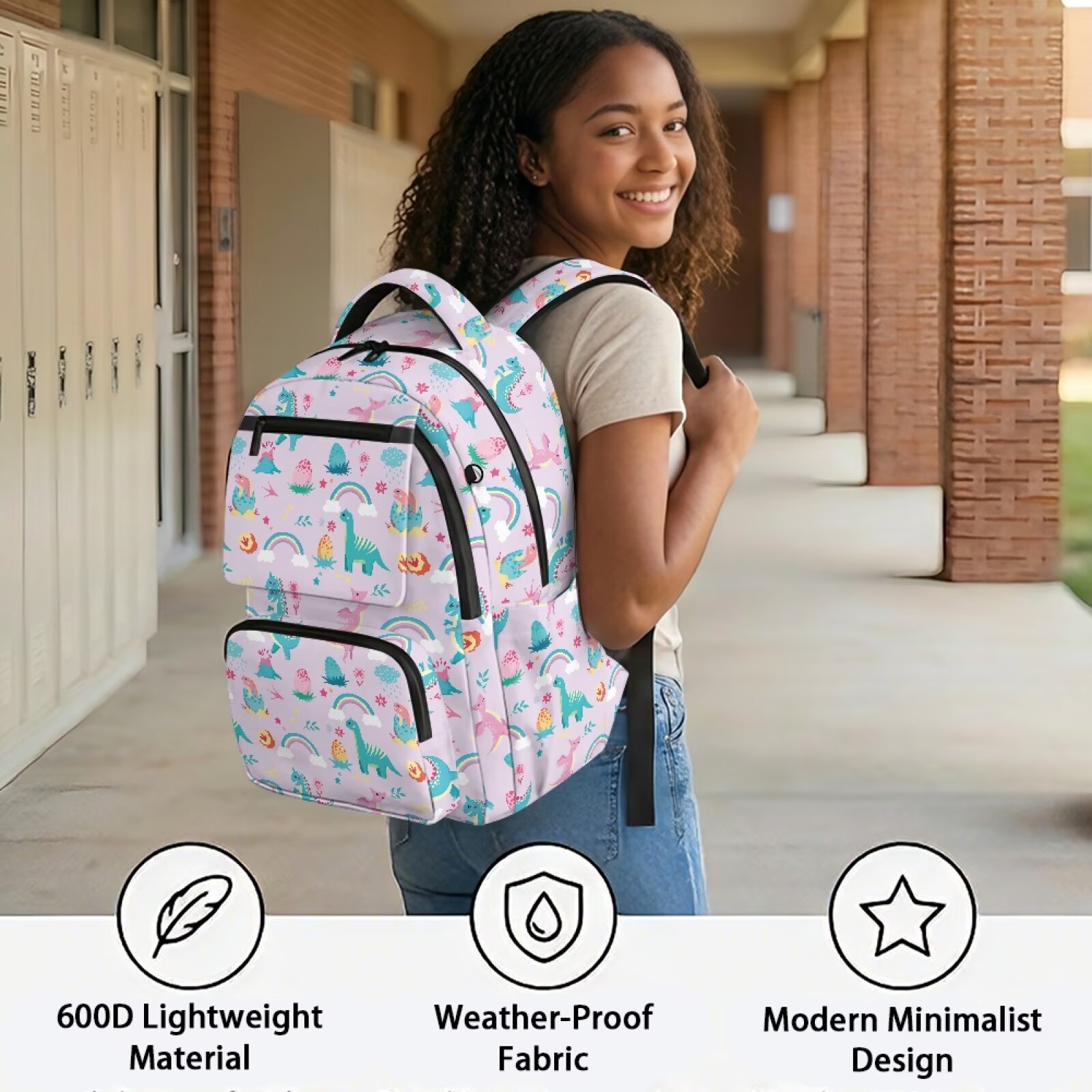 Mochila escolar arcoíris de dinosaurio púrpura para niños y niñas de 5-16 años, gran capacidad, múltiples bolsillos, resistente al agua, correas acolchadas ajustables, ligera 5