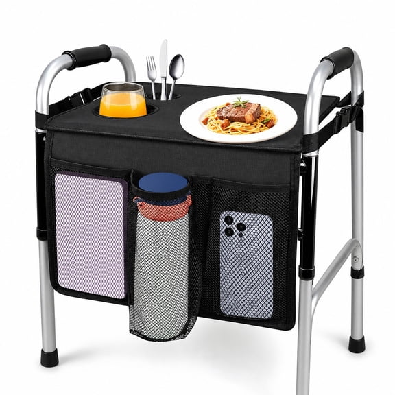 Walker Basket with Support Plates,Folding Walker Bag for Seniors for Seniors, Sturdy Oxford Cloth Storage Accessories Walker Accessory Organizer with Cup Holders, Fits Standard Folding Walkers