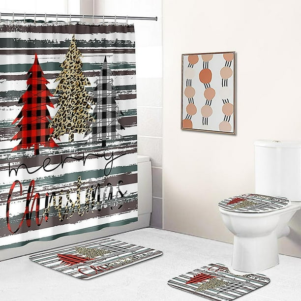 4 Pcs Christmas Tree Shower Curtain Set With Non slip Rug Toilet