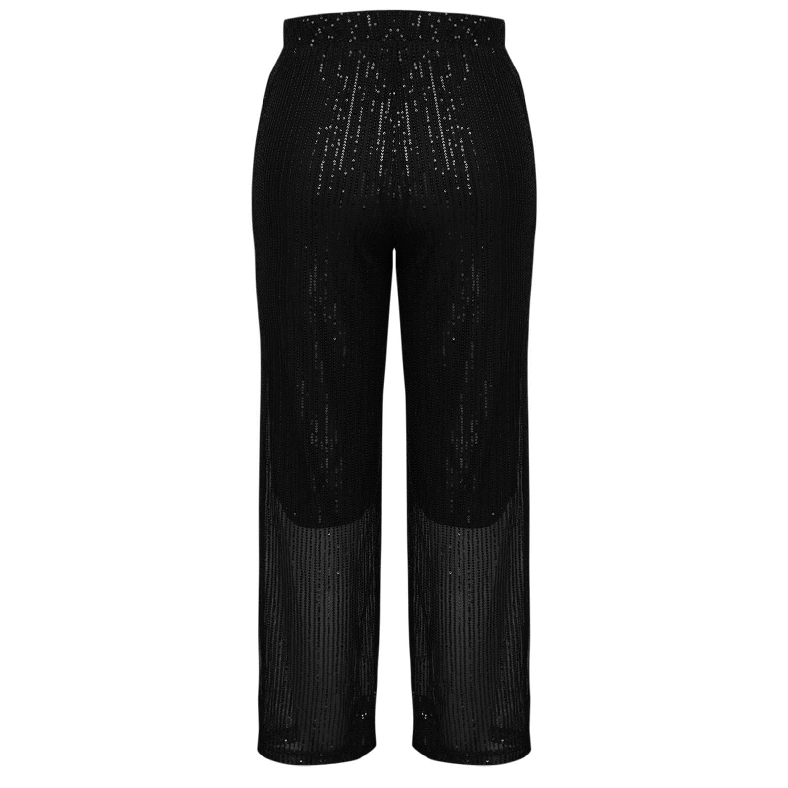 Viikei Womens Pants Plus Size,Women Sequin Wide Leg Pants Loose Casual Sparkly Tightness Looseness Waist Button Wide Legs Full Length Pants Black XXXL