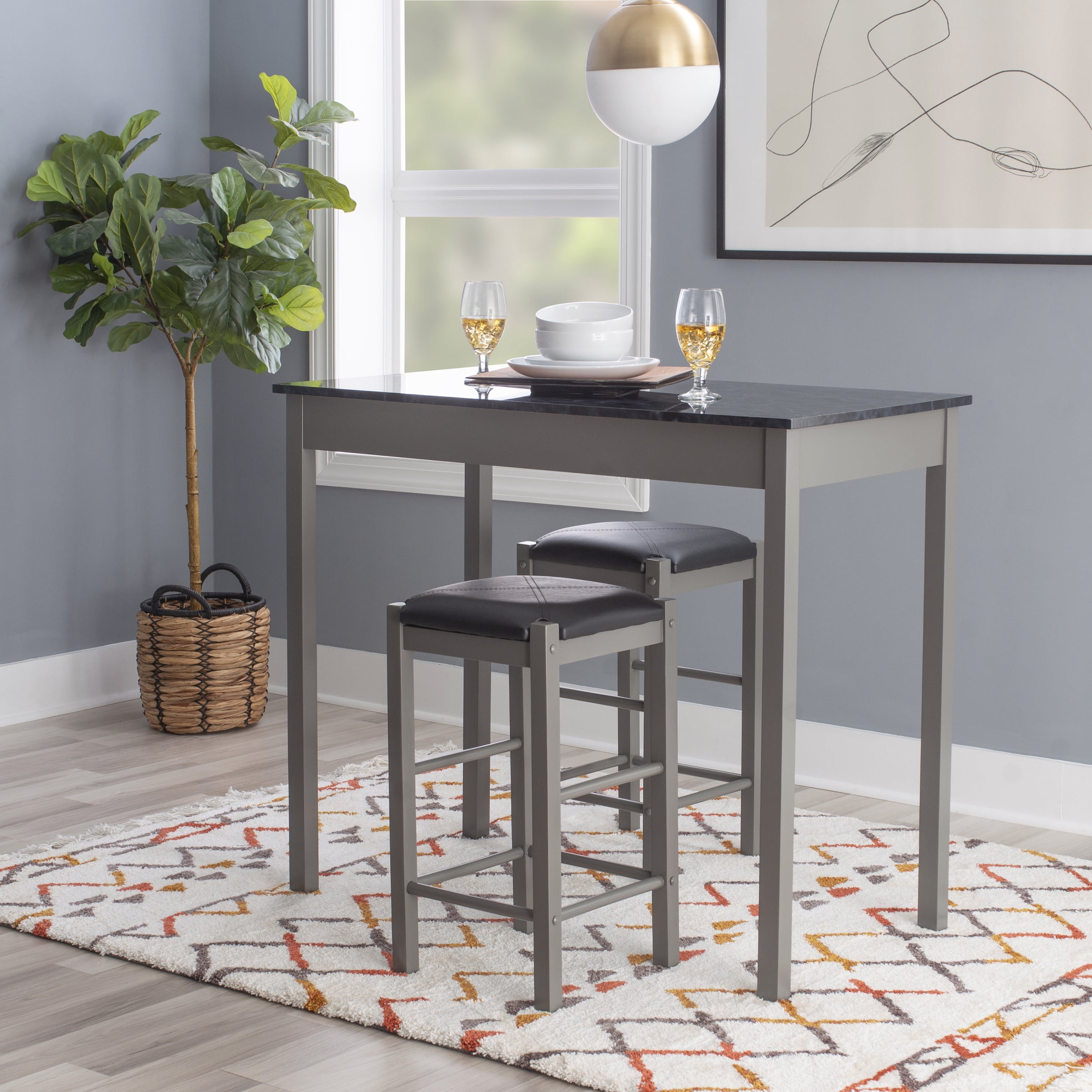 Linon Salene 3-Piece Tavern Set, Gray with Black Marble Top