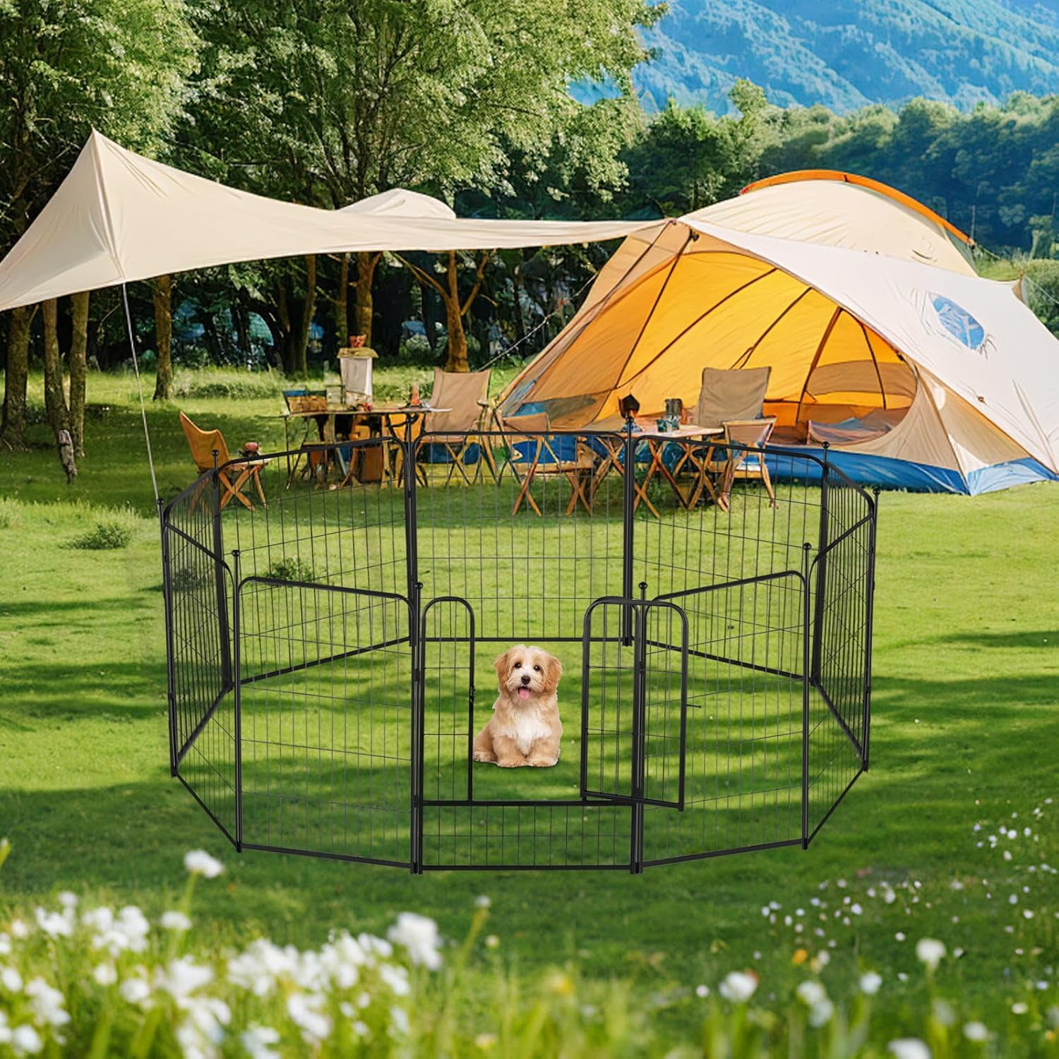 Dog Playpen 32 Inch Ideal Dog Fence for Small and Medium Dogs Indoor & Outdoor Bliss, Perfect Dog Pen for Camping, Yard, RV, Garden Fence, Black (Black, 32in, 8)