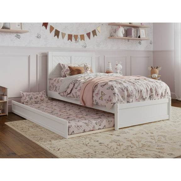 Clayton Twin Wood Platform Bed with Panel Footboard and Twin Trundle in White