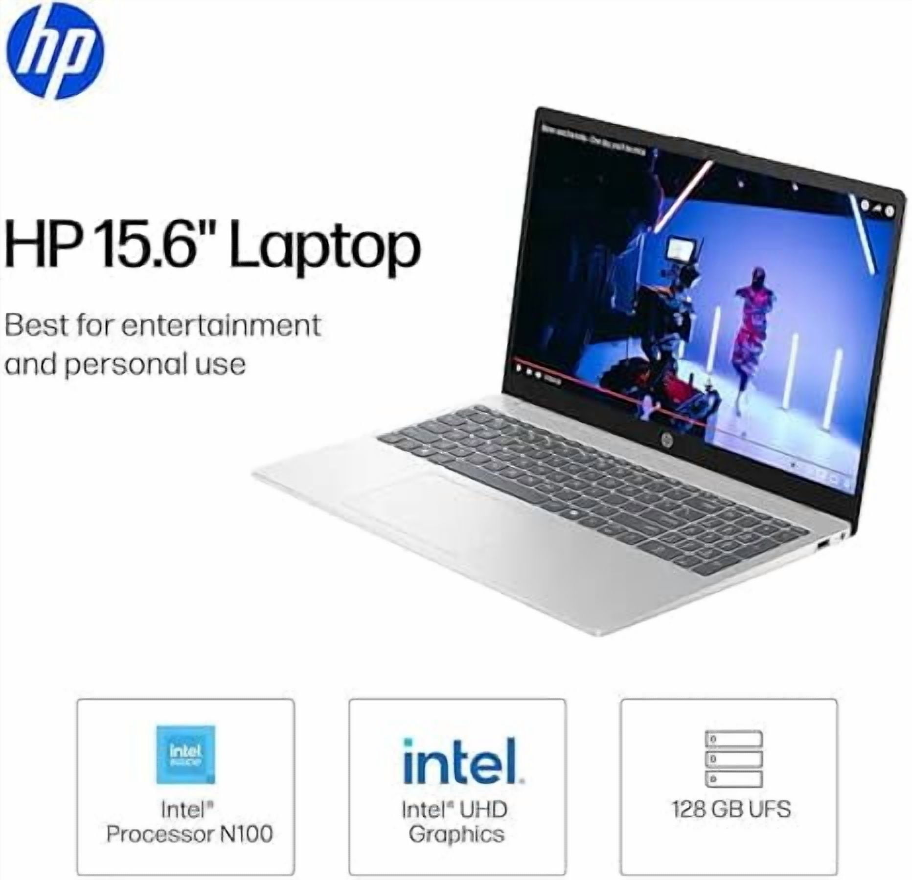 HP 15.6" Laptop, Intel Processor N100,4GB RAM,128GB UFS, Natural Silver, Windows 11 Home in S Mode, 15-fd0001dx