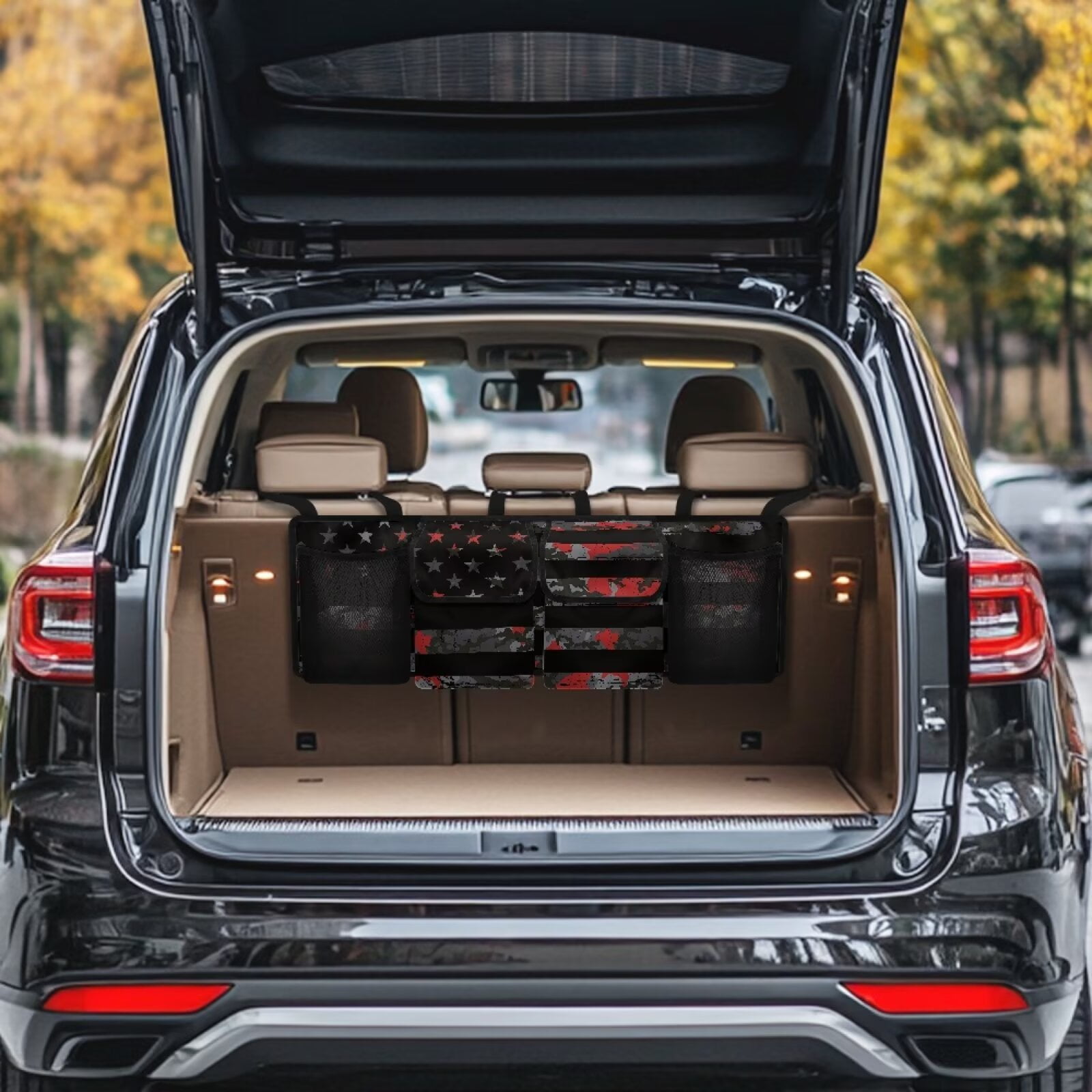 KUIFORTI Trunk Organizer Black American Flag Back Seat Car Organizer Stylish Car Organization Accessories Breathable Car Trunk Organizer for Sedan, SUV, Trucks, Van