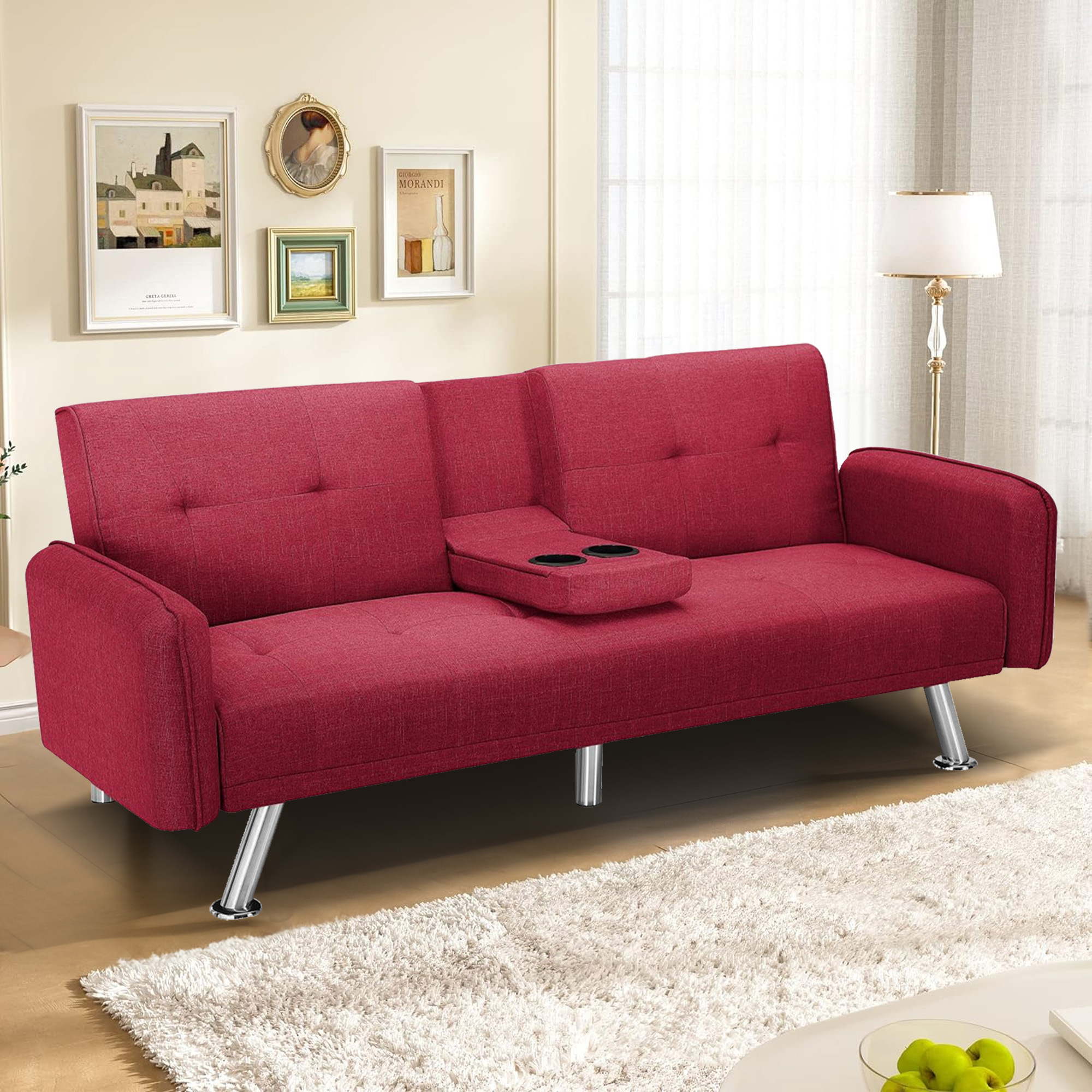 Aukfa 75" Square Arm Futon Convertible Sofa Bed for Home Office, 2 Cup Holders, Linen, Red