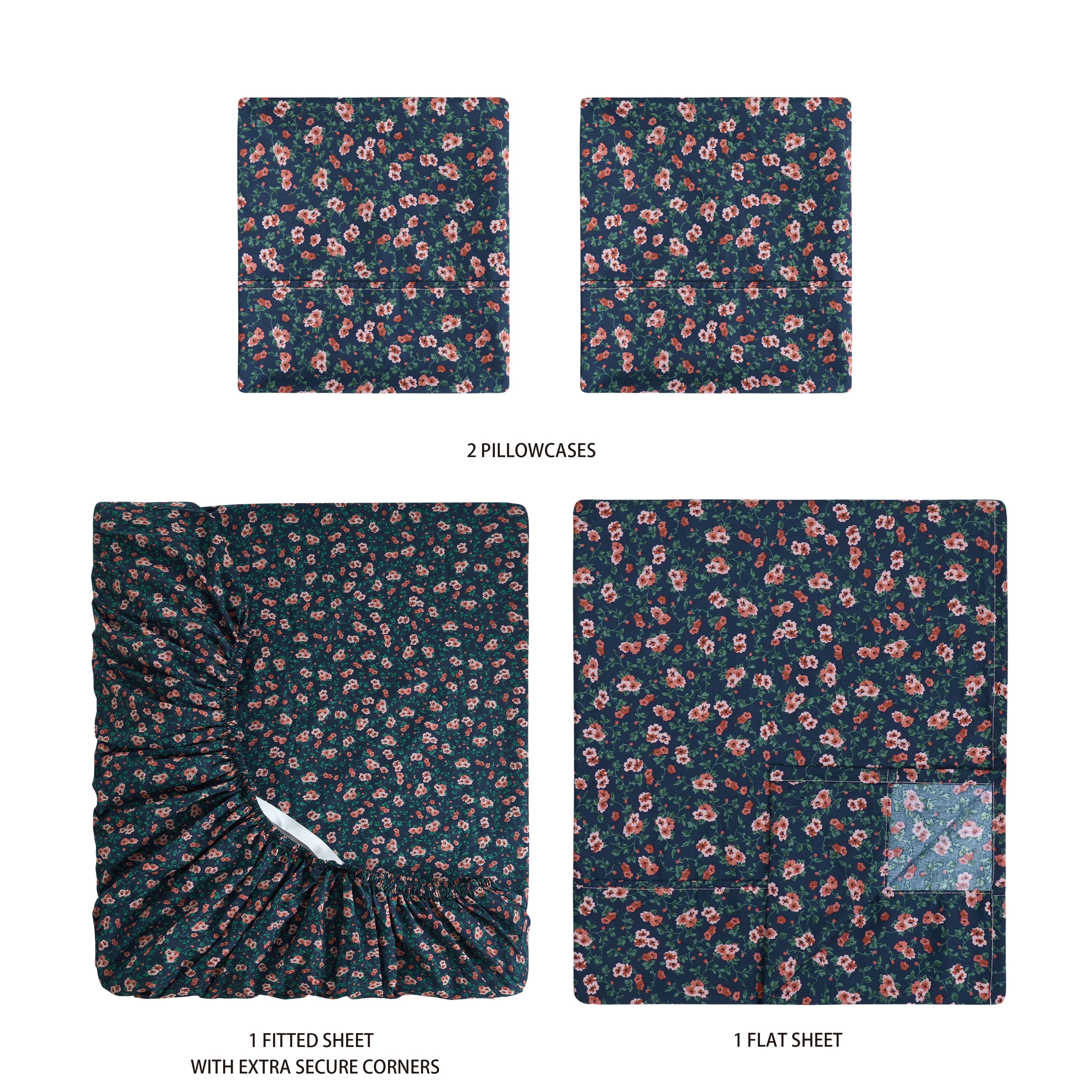 Mainstays Super Soft Brushed Microfiber Bed Sheet Set, Blue Multi Floral, King, 4 Piece