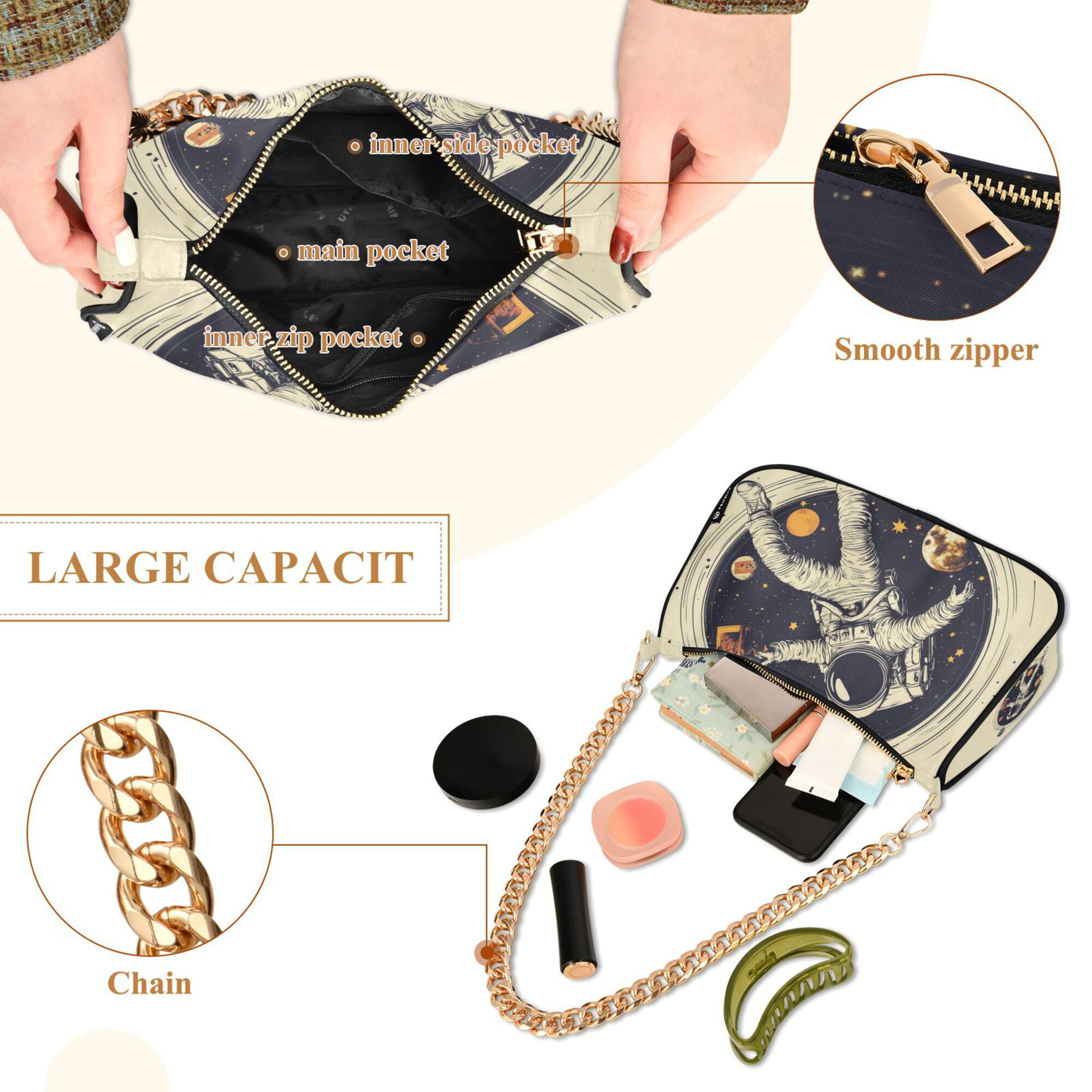 FORMRS Womens Shoulder Bag with Chain Strap Clutch Purse Cute Tote Handbag, Astronaut Floating
