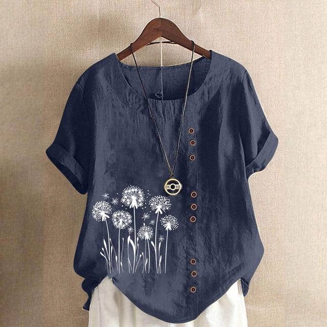 TaTaai Women's Everyday Casual Blouse, Linen Feel Round Neck T-Shirt, Short Sleeve Comfortable Top for All Occasions Gift