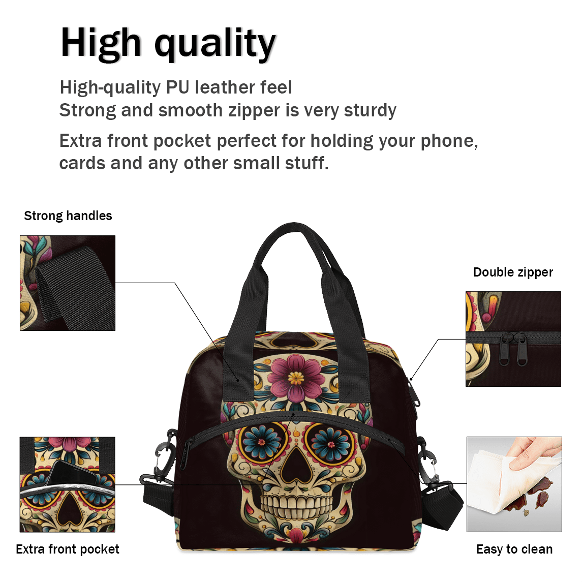 Herdesigns Day The Dead Skull Halloween Insulated Lunch Bag for Women Men Adults Large Reusable Lunch Box Leakproof Portable Cooler Tote Bags with Adjustable Shoulder Strap