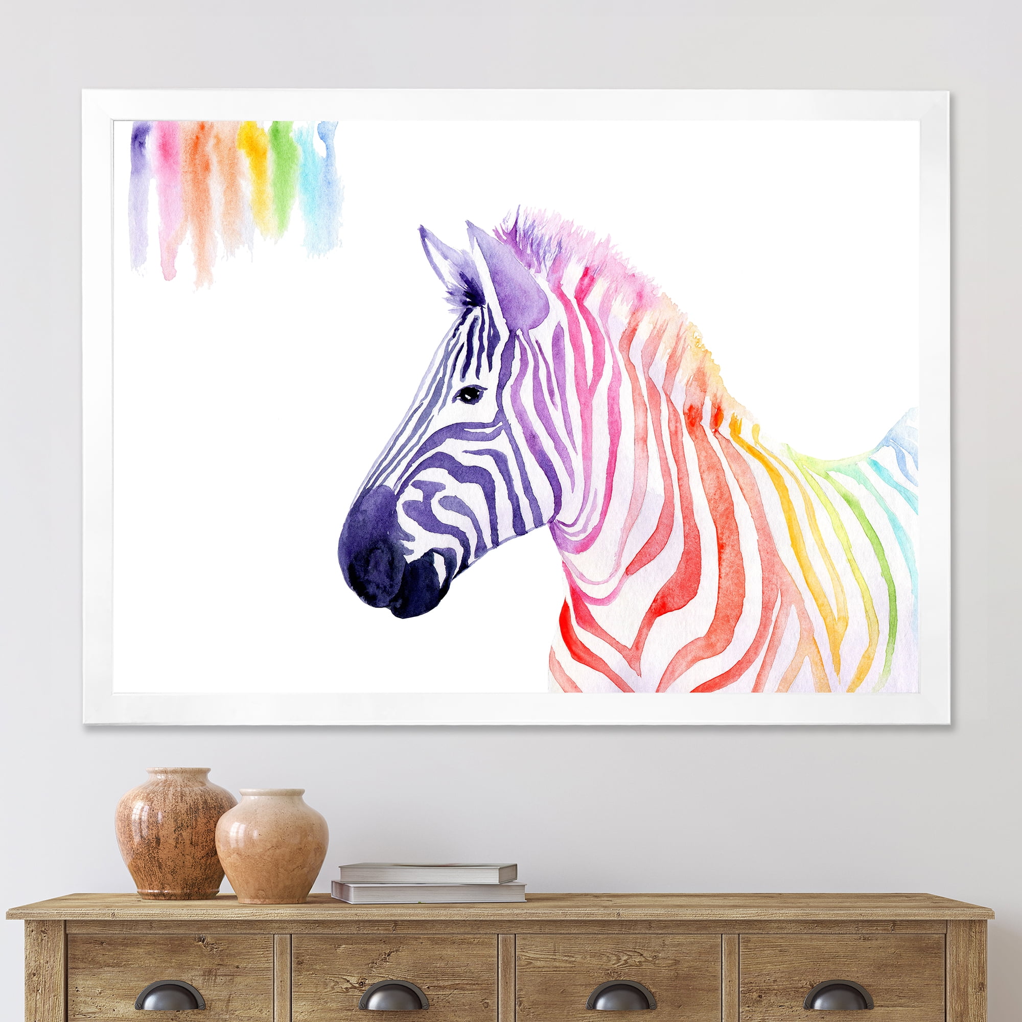 Designart 'Portrait of Rainbow Zebra On White' Farmhouse Framed Art Print