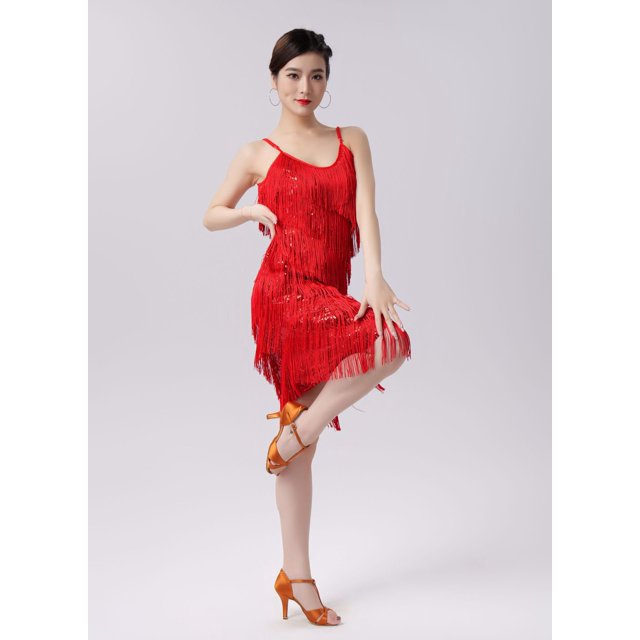 Vestido de baile latino para adultos, con lentejuelas y borlas, para primavera, para baile, fiesta, actuación en el escenario, vestido de competición