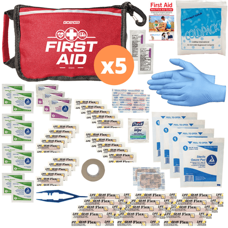 Go2Kits 5-PACK First Aid Kit 60pc Featuring Assorted Bandages, Wipes and First Aid Basics in Compact Fabric Kit for Home, Office & Travel (5 Pack)
