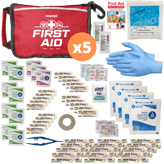 Go2Kits 5-PACK First Aid Kit 60pc Featuring Assorted Bandages, Wipes and First Aid Basics in Compact Fabric Kit for Home, Office & Travel (5 Pack)