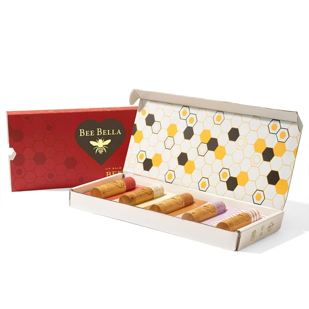Bee Bella Bálsamo labial Caja de regalo navideña Cereza Lavanda Vainilla Vainilla Calabaza Especias Bastón de caramelo Paquete de 5 - Cera de abejas orgánica natural hidratante con vitamina E hecha a