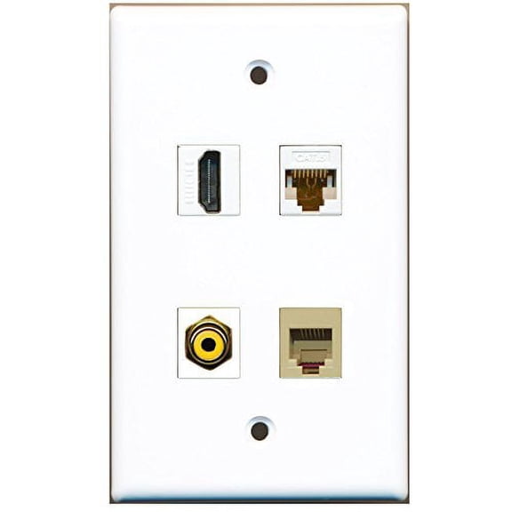 RiteAV - 1 Port HDMI 1 Port RCA Yellow 1 Port Phone RJ11 RJ12 Beige 1 Port Cat6 Ethernet White Wall Plate