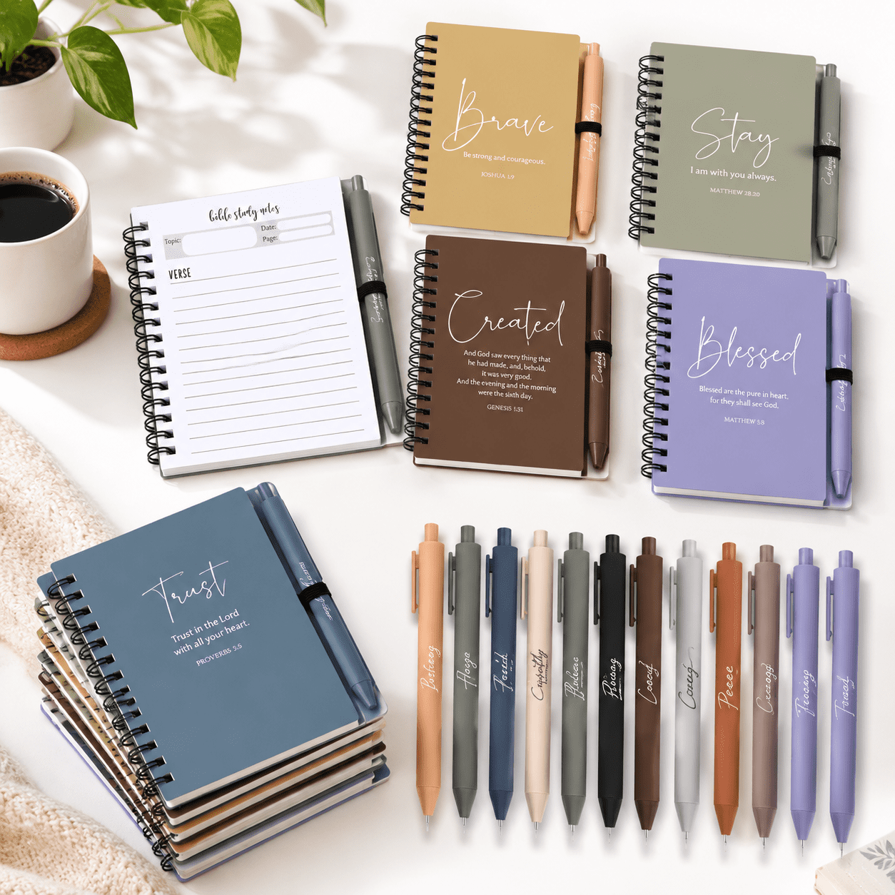 Neutral Morandi 12 Set Faith-Themed Notebook and Ballpoint Pen Stationery Bundle