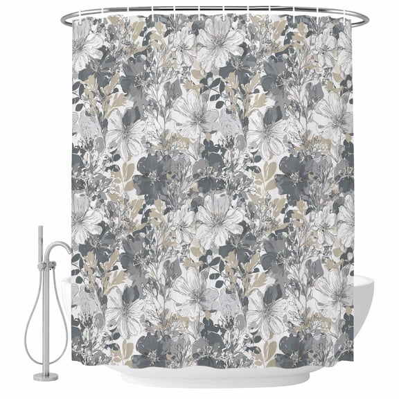 Spring Botanical Shower Curtain, Waterproof Shower Curtains for Bathroom, Country Floral Leaves Gray Brown Washable Fabric Bathtub Curtain Set Bath Decor with 12 Hooks Standard 72"x72"